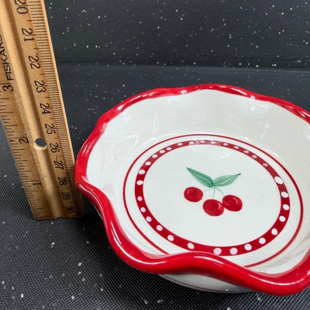 Crate & Barrel Mesa Cherry Pie Dish Bowl Individual Ramekin Set of 2 Red White
